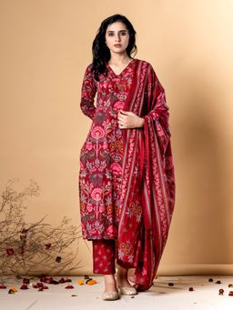 Readiprint - Women Maroon Floral Kurta with Pant and Dupatta (Set of 3)