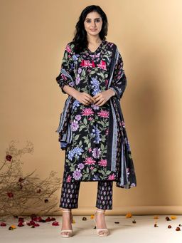 Readiprint - Women Black Floral Kurta with Pant and Dupatta (Set of 3)