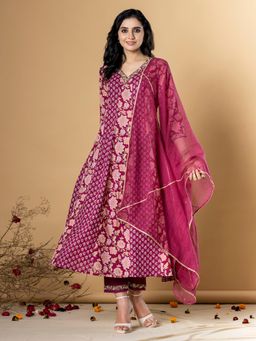 Readiprint - Women Burgundy Floral Kurta with Pant and Dupatta (Set of 3)