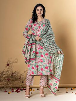 Readiprint - Women Green Floral Kurta with Pant and Dupatta (Set of 3)