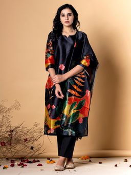 Readiprint - Women Black Floral Kurta with Pant and Dupatta (Set of 3)