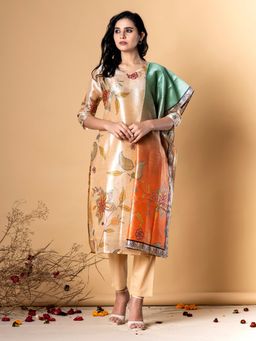 Readiprint - Women Beige Floral Kurta with Pant and Dupatta (Set of 3)