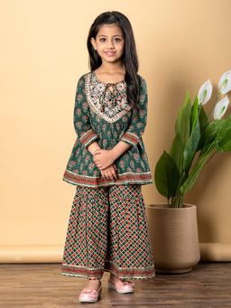 Readiprint - Girls Green Printed Kurti with Sharara (Set of 2)