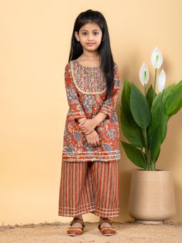 Readiprint - Girls Orange Printed Kurti with Palazzo (Set of 2)