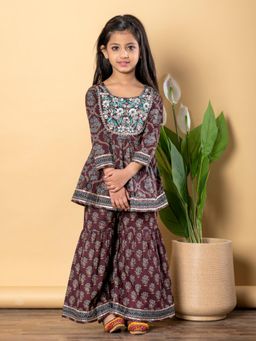 Readiprint - Girls Brown Printed Kurti with Sharara (Set of 2)