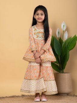 Readiprint - Girls Peach Printed Kurti with Sharara (Set of 2)