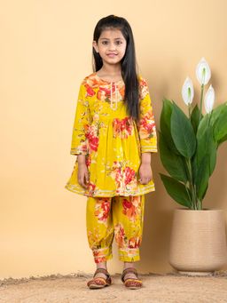 Readiprint - Girls Mustard Printed Kurti with Salwar (Set of 2)