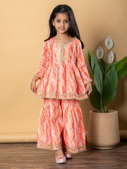 Readiprint - Girls Peach Printed Kurti with Sharara (Set of 2)
