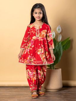 Readiprint - Girls Red Printed Kurti with Sharara (Set of 2)