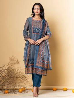 Readiprint - Women Teal Floral Kurta with Pant and Dupatta (Set of 3)