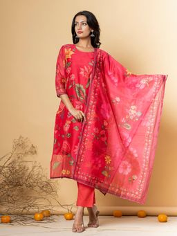 Readiprint - Women Pink Floral Kurta with Pant and Dupatta (Set of 3)