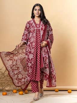 Readiprint - Women Red Floral Kurta with Pant and Dupatta (Set of 3)