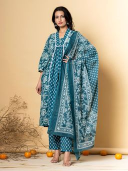 Readiprint - Women Teal Floral Kurta with Pant and Dupatta (Set of 3)