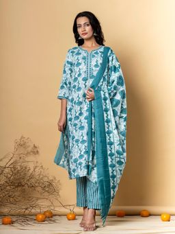 Readiprint - Women Teal Floral Kurta with Pant and Dupatta (Set of 3)