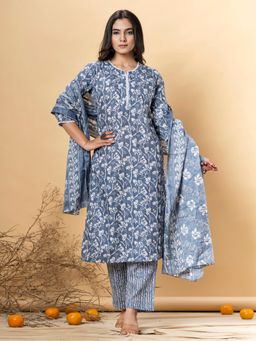 Readiprint - Women Blue Floral Kurta with Pant and Dupatta (Set of 3)