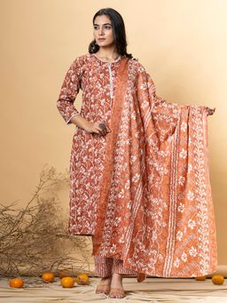 Readiprint - Women Rust Floral Kurta with Pant and Dupatta (Set of 3)
