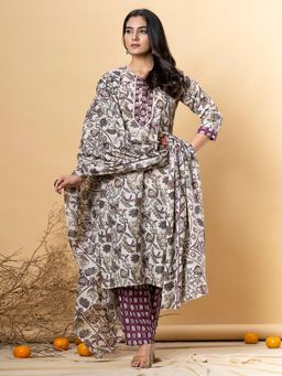 Readiprint - Women Burgundy Floral Kurta with Pant and Dupatta (Set of 3)