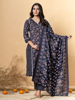 Readiprint - Women Navy Blue Floral Kurta with Pant and Dupatta (Set of 3)