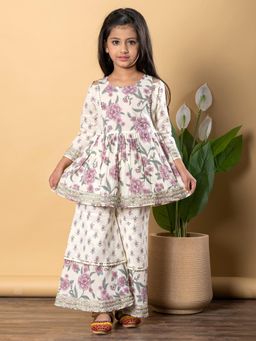 Readiprint - Girls Cream Printed Kurti with Sharara (Set of 2)