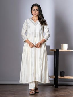 Readiprint - Women Off White Embroidered Kurta with Palazzo (Set of 2)