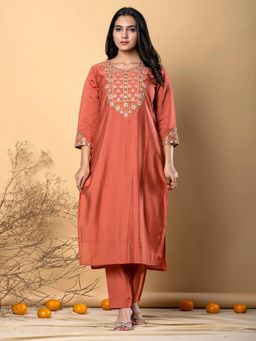 Readiprint - Women Rust Embroidered Kurta with Palazzo (Set of 2)