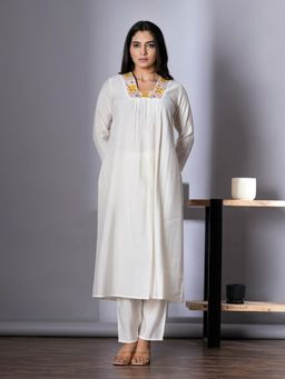 Readiprint - Women Off White Embroidered Kurta with Palazzo (Set of 2)