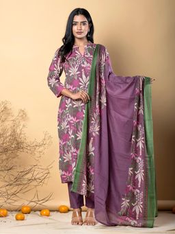 Readiprint - Women Purple Floral Kurta with Pant and Dupatta (Set of 3)