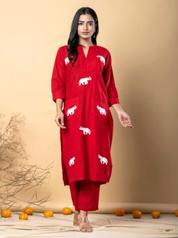 Readiprint - Women Red Embroidered Kurta with Palazzo (Set of 2)