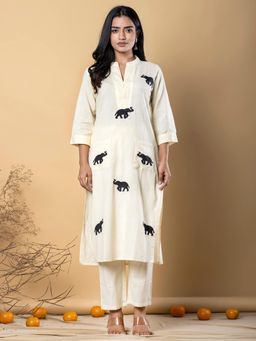 Readiprint - Women Cream Embroidered Kurta with Palazzo (Set of 2)
