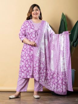 Readiprint - Women Purple Floral Kurta with Pant and Dupatta (Set of 3)