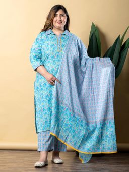 Readiprint - Women Blue Floral Kurta with Pant and Dupatta (Set of 3)