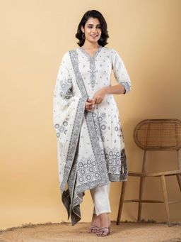 Readiprint - Women Off White Woven Kurta with Pant and Dupatta (Set of 3)