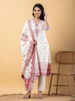 Readiprint - Women Off White Woven Kurta with Pant and Dupatta (Set of 3)