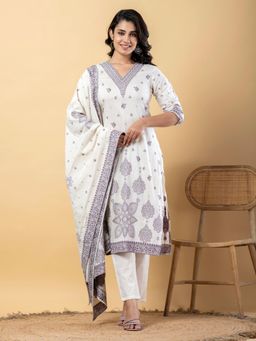 Readiprint - Women Off White Woven Kurta with Pant and Dupatta (Set of 3)