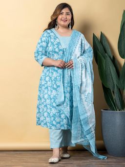 Readiprint - Women Blue Floral Kurta with Pant and Dupatta (Set of 3)