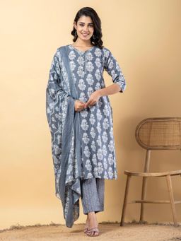 Readiprint - Women Grey Floral Kurta with Pant and Dupatta (Set of 3)