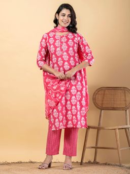Readiprint - Women Pink Floral Kurta with Pant and Dupatta (Set of 3)