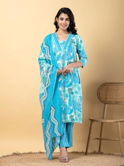 Readiprint - Women Blue Floral Kurta with Pant and Dupatta (Set of 3)