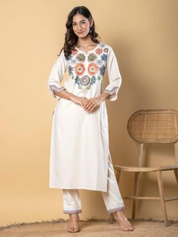 Readiprint - Women Off White Embroidered Kurta with Palazzo (Set of 2)