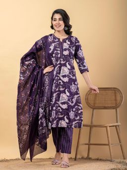Readiprint - Women Purple Floral Kurta with Pant and Dupatta (Set of 3)