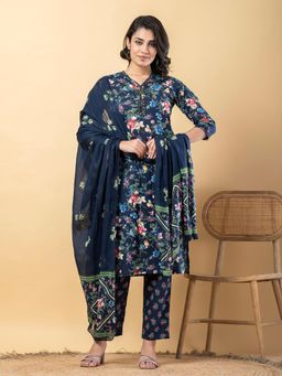 Readiprint - Women Blue Floral Kurta with Pant and Dupatta (Set of 3)