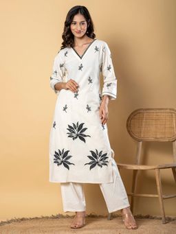 Readiprint - Women Off White Embroidered Kurta with Palazzo (Set of 2)