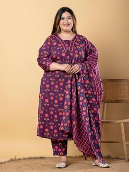 Readiprint - Women Magenta Floral Kurta with Pant and Dupatta (Set of 3)