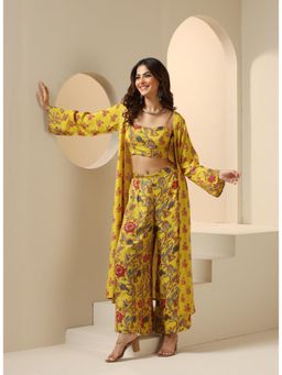 ISHIN - Women Yellow Floral Shrug with Co-Ord (Set of 3)