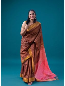 APAAPI THREADS OF GLORY - Brown Hand-Dyed Silk Cotton Handloom Saree with Unstitched Blouse