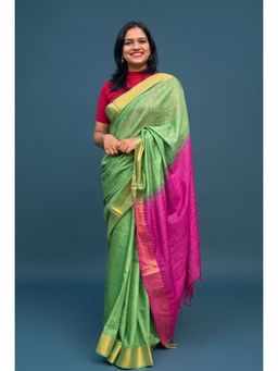 APAAPI THREADS OF GLORY - Green Hand-Dyed Silk Cotton Handloom Saree with Unstitched Blouse