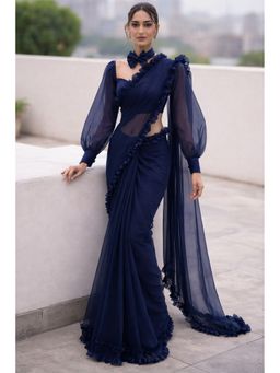 HANDME - Women's Navy Blue Ravishing Midnight Ruffle Organza Saree with Unstitched Blouse