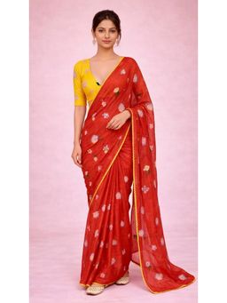 HANDME - Festive Bloom Embroidered Chanderi Mul Saree with Unstitched Blouse