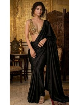 HANDME - Midnight Noir Satin Saree with Unstitched Blouse