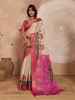 Sedora Couture - Off White Kanjeevaram Woven Saree with Unstitched Blouse